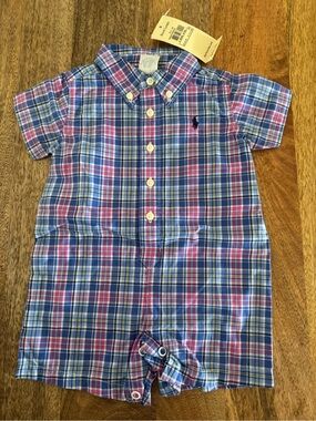 Ralph Lauren Blue and Pink Plaid Button-Front Short Romper 3 months NWT